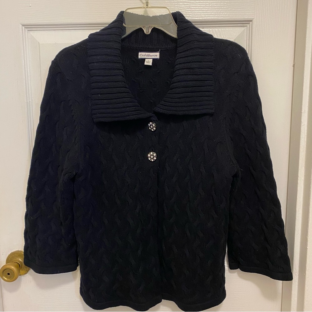 Croft & Barrow VTG Black Knit Sweater Lrg Dressy Rhinestone Buttons Flap Collar